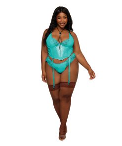 Dreamgirl Stretch Vinyl And Lace Bustier And G-String Set Ocean 3Xl