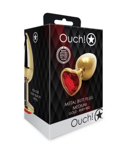 Ouch! Heart Gem Butt Plug Medium Gold/Ruby Red