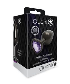 Ouch! Heart Gem Butt Plug Medium Gunmetal/Amethyst