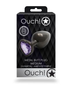 Ouch! Heart Gem Butt Plug Medium Gunmetal/Amethyst