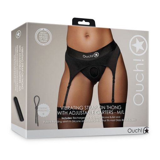 Ouch! Vibrating Strap-On Thong With Adjustable Garters Black M/L