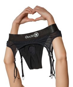 Ouch! Vibrating Strap-On Thong With Adjustable Garters Black M/L