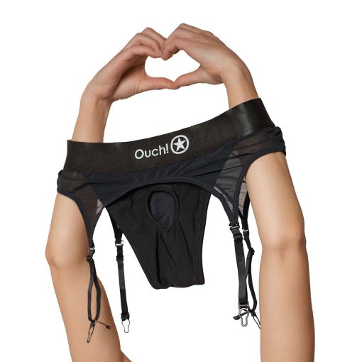 Ouch! Vibrating Strap-On Thong With Adjustable Garters Black M/L - Image 4
