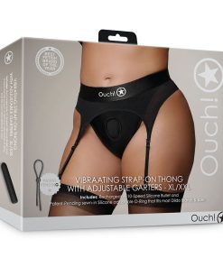 Ouch! Vibrating Strap-On Thong With Adjustable Garters Black Xl/2Xl
