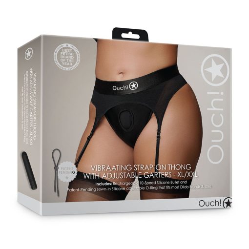 Ouch! Vibrating Strap-On Thong With Adjustable Garters Black Xl/2Xl