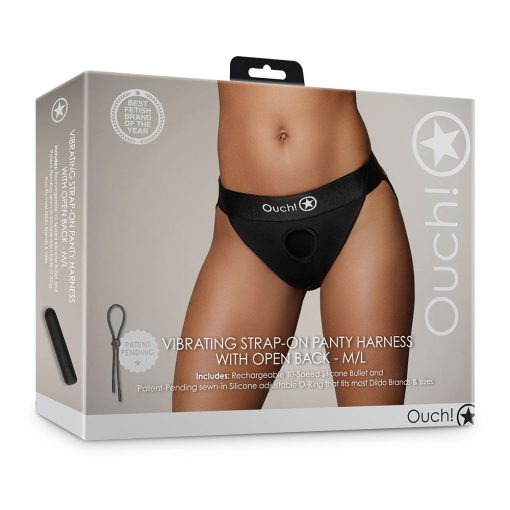 Ouch! Vibrating Strap-On Panty Harness With Open Back Black M/L