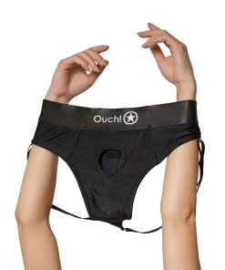 Ouch! Vibrating Strap-On Panty Harness With Open Back Black M/L