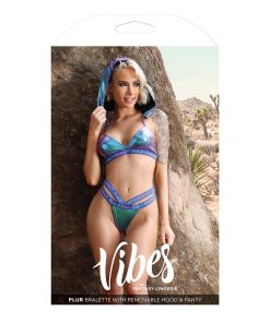 Fantasy Lingerie Vibes Plur Holographic Bralette With Removable Hood & Panty Aqua Holo S/M