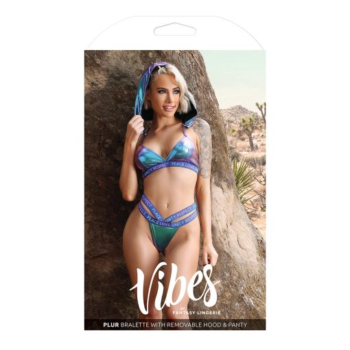 Fantasy Lingerie Vibes Plur Holographic Bralette With Removable Hood & Panty Aqua Holo M/L
