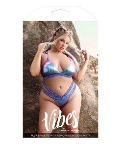 Fantasy Lingerie Vibes Plur Holographic Bralette With Removable Hood & Panty Aqua Holo Queen Size