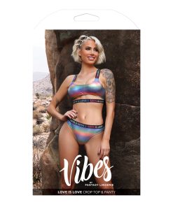 Fantasy Lingerie Vibes Love Is Love Underboob Cutout Top & Cheeky Panty Rainbow Holo S/M