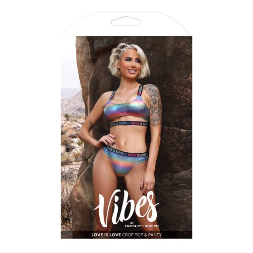 Fantasy Lingerie Vibes Love Is Love Underboob Cutout Top & Cheeky Panty Rainbow Holo S/M