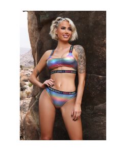 Fantasy Lingerie Vibes Love Is Love Underboob Cutout Top & Cheeky Panty Rainbow Holo S/M