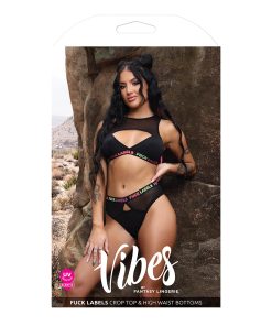 Fantasy Lingerie Vibes Fuck Labels Keyhole Top & High-Waist Bottoms Black M/L