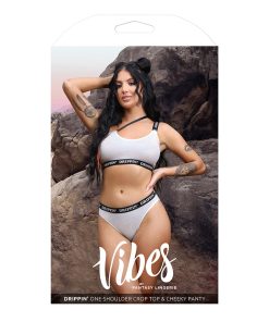 Fantasy Lingerie Vibes Drippin' Iridescent Strappy One-Shoulder Top & Panty Pearl White S/M