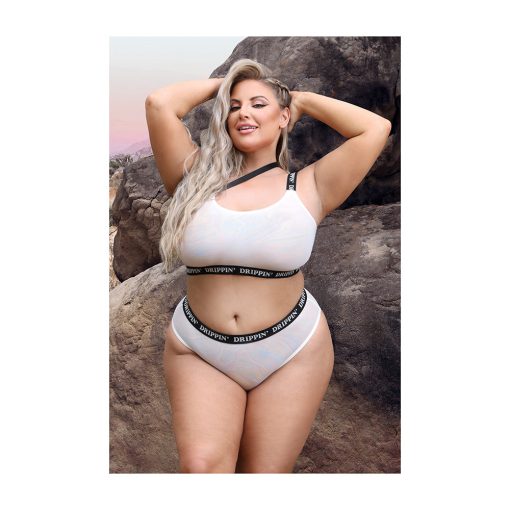 Fantasy Lingerie Vibes Drippin' Iridescent Strappy One-Shoulder Top & Panty Pearl White Queen - Image 2
