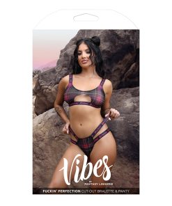 Fantasy Lingerie Vibes Fuckin' Perfection Plaid Mesh Cut Out Bralette & Panty Black M/L