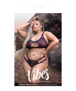 Fantasy Lingerie Vibes Fuckin' Perfection Plaid Mesh Cut Out Bralette & Panty Black Queen Size