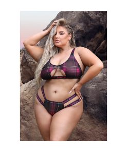 Fantasy Lingerie Vibes Fuckin' Perfection Plaid Mesh Cut Out Bralette & Panty Black Queen Size