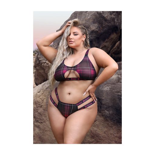 Fantasy Lingerie Vibes Fuckin' Perfection Plaid Mesh Cut Out Bralette & Panty Black Queen Size - Image 2