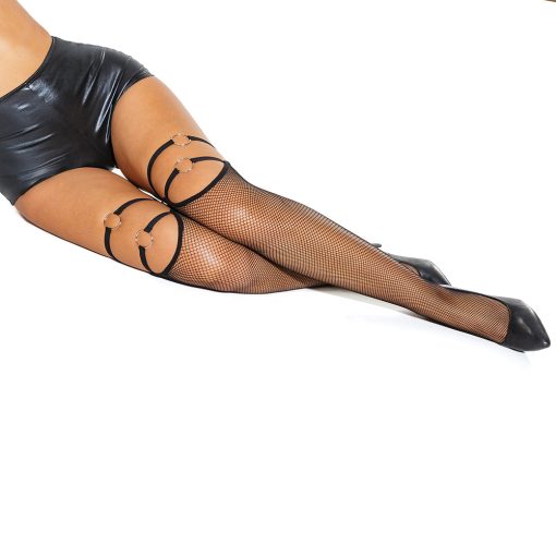Coquette Fishnet Stockings With Thigh Strap & Metal Ring Details Black O/S - Image 3