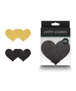 Pretty Pasties Glitter Hearts Black/Gold 2 Pair