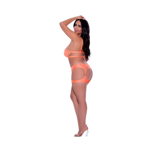 Magic Silk Rude Awakening Balconette Bra & Stirrup Thong Set Neon Orange Queen Size - Image 2