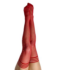 Kixies Joely Rhinestone Fishnet Thigh-High Red Size B