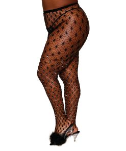 Dreamgirl Geometric Fence Net Pantyhose With Rhinestone Embellishment Black Queen Size