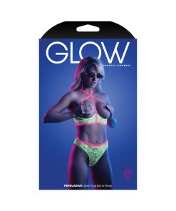 Fantasy Lingerie Glow Persuasive Open Cup Cage Bra & Panty Neon Green M/L