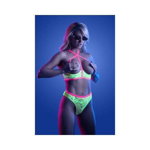 Fantasy Lingerie Glow Persuasive Open Cup Cage Bra & Panty Neon Green M/L - Image 2