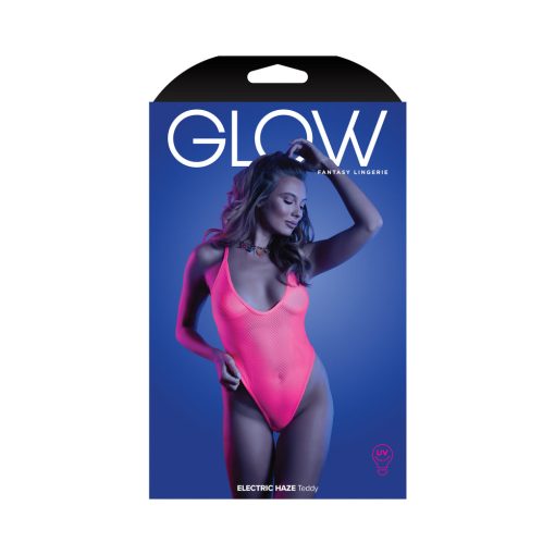 Fantasy Lingerie Glow Electric Haze Criss Cross Back Teddy With Snap Closure Neon Pink S/M