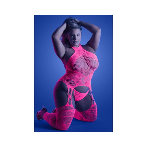 Fantasy Lingerie Glow Captivating High Neck Halter Bodystocking & G-String Set Neon Pink Queen Size - Image 2