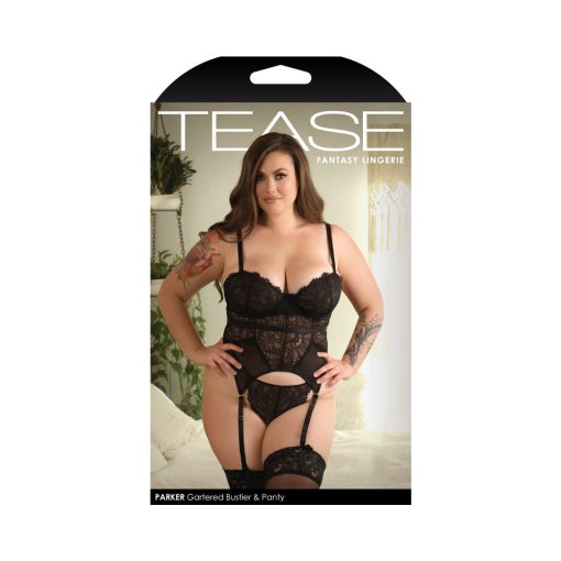 Fantasy Lingerie Tease Parker Gartered Lace Bustier & Panty Black 3Xl/4Xl