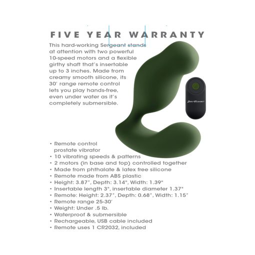 Zero Tolerance The Sergeant Rechargeable Vibrating Prostate Anal Vibe Silicone Green - Image 11