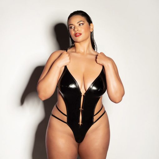 Oh La La Cheri Whipped Soft Cup Open Gusset Vinyl Teddy With Barbell Trim Queen Size
