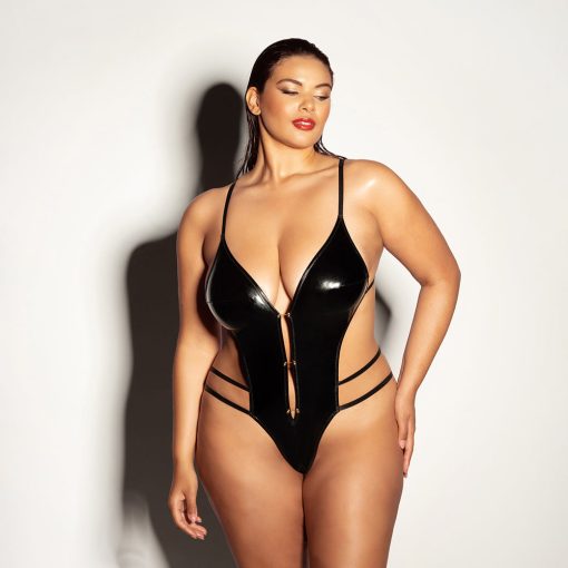 Oh La La Cheri Whipped Soft Cup Open Gusset Vinyl Teddy With Barbell Trim Queen Size - Image 3