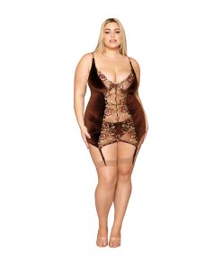 Dreamgirl Stretch Velvet And Embroidered Band Garter Slip And G-String Set Espresso 1Xl