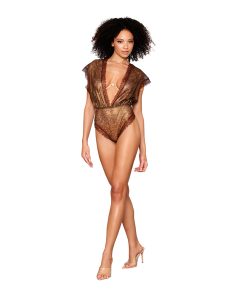 Dreamgirl Delicate Gold-Foil Lace Blouson Teddy & Rhinestone Metal Underwire Bra Set Gold S