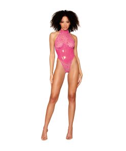 Dreamgirl Flocked Heart Stretch Mesh And Stretch Vinyl Halter Teddy Peony M