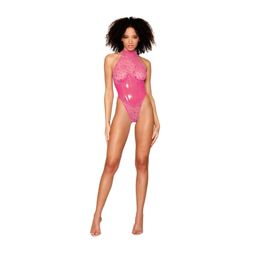 Dreamgirl Flocked Heart Stretch Mesh And Stretch Vinyl Halter Teddy Peony M