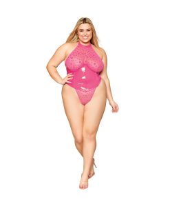Dreamgirl Flocked Heart Stretch Mesh And Stretch Vinyl Halter Teddy Peony 1Xl