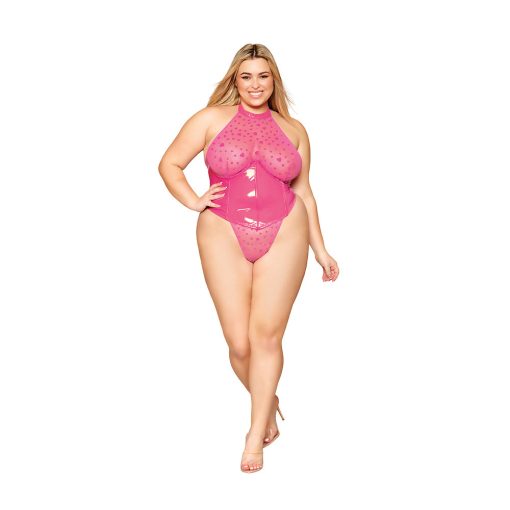 Dreamgirl Flocked Heart Stretch Mesh And Stretch Vinyl Halter Teddy Peony 1Xl