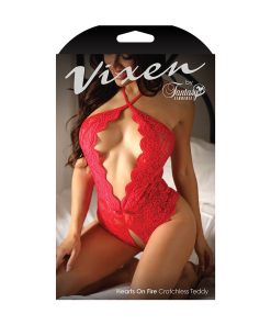 Fantasy Lingerie Vixen Hearts On Fire Crotchless Lace Teddy With Open Pearl Draped Back Red O/S