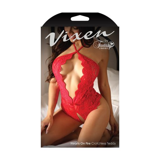 Fantasy Lingerie Vixen Hearts On Fire Crotchless Lace Teddy With Open Pearl Draped Back Red O/S