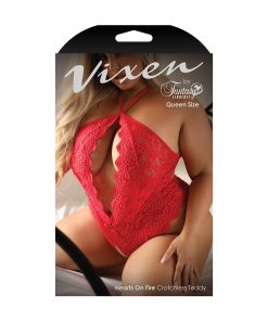 Fantasy Lingerie Vixen Hearts On Fire Crotchless Lace Teddy With Open Pearl Draped Back Red Queen Size