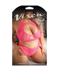 Fantasy Lingerie Vixen Forget You Seamless Lace Crop Top & High Waisted Panty Pink Queen Size