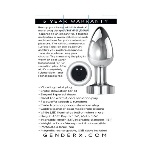 Gender X Rockin' Metal Plug Xl Rechargeable Vibrating Anal Plug Aluminum Silver - Image 8