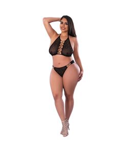 Magic Silk Glitz & Glam Halter Bralette And Panty Set Black Queen Size