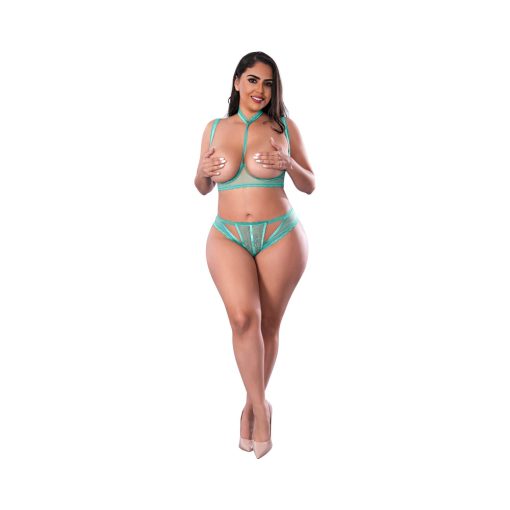 Magic Silk Soft Petals Cupless Bra And Split Crotch Panty Set Aqua Queen Size